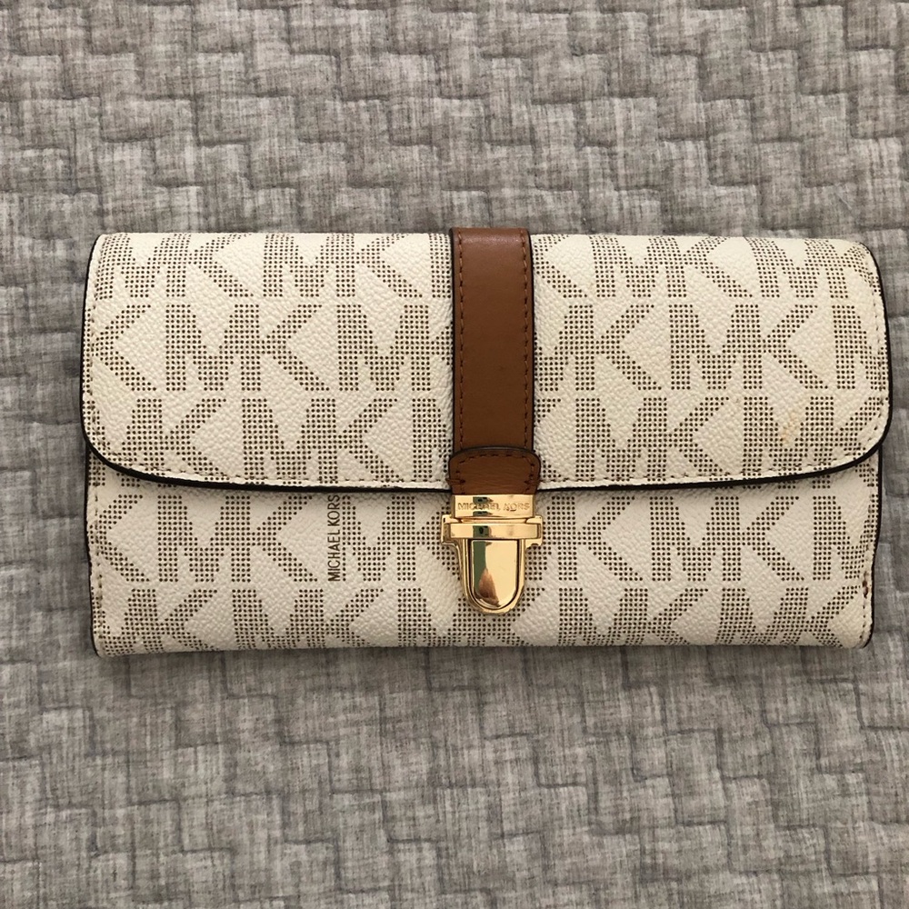 Michael Kors Cream and Brown Monogram Clutch